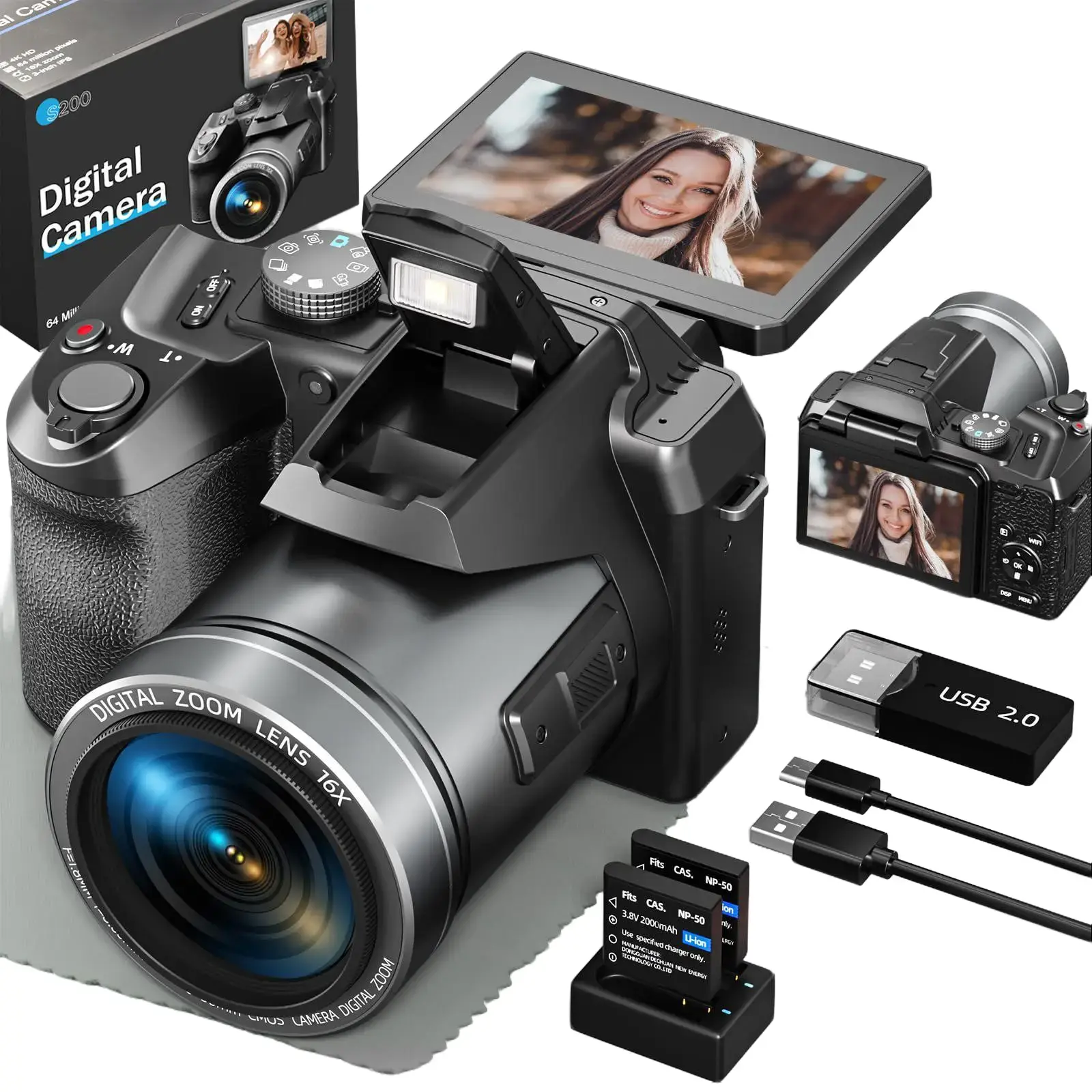 48MP Digital Camera, Suitable For Photography Beginners, Vlog Bloggers, Travel Selfies And Daily Creative Scenarios, Featuring Automatic Focusing Function, Capable Of Recording 4k Videos, Equipped With 12X Stabilization Function SD Card AND 2 Batteries,