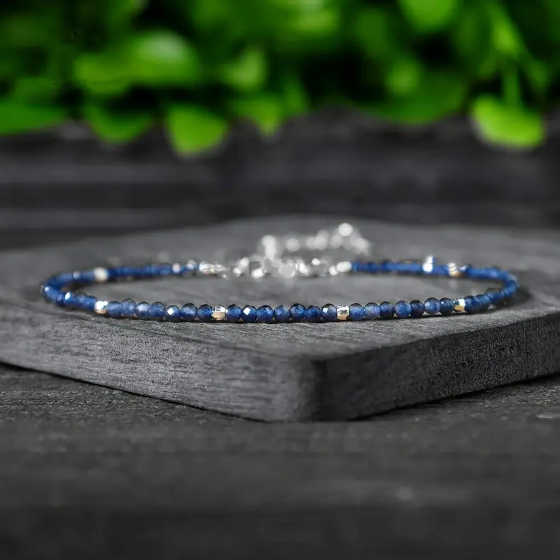 Women's Minimalist 2mm Natural Blue Sapphire Tiny Beads & Peach Crystal Chakra Healing Bracelet, Silver-Plated Chain, Dainty Natural Crystal Bracelets & Anklets, Gift for Women, Bracelets For Women