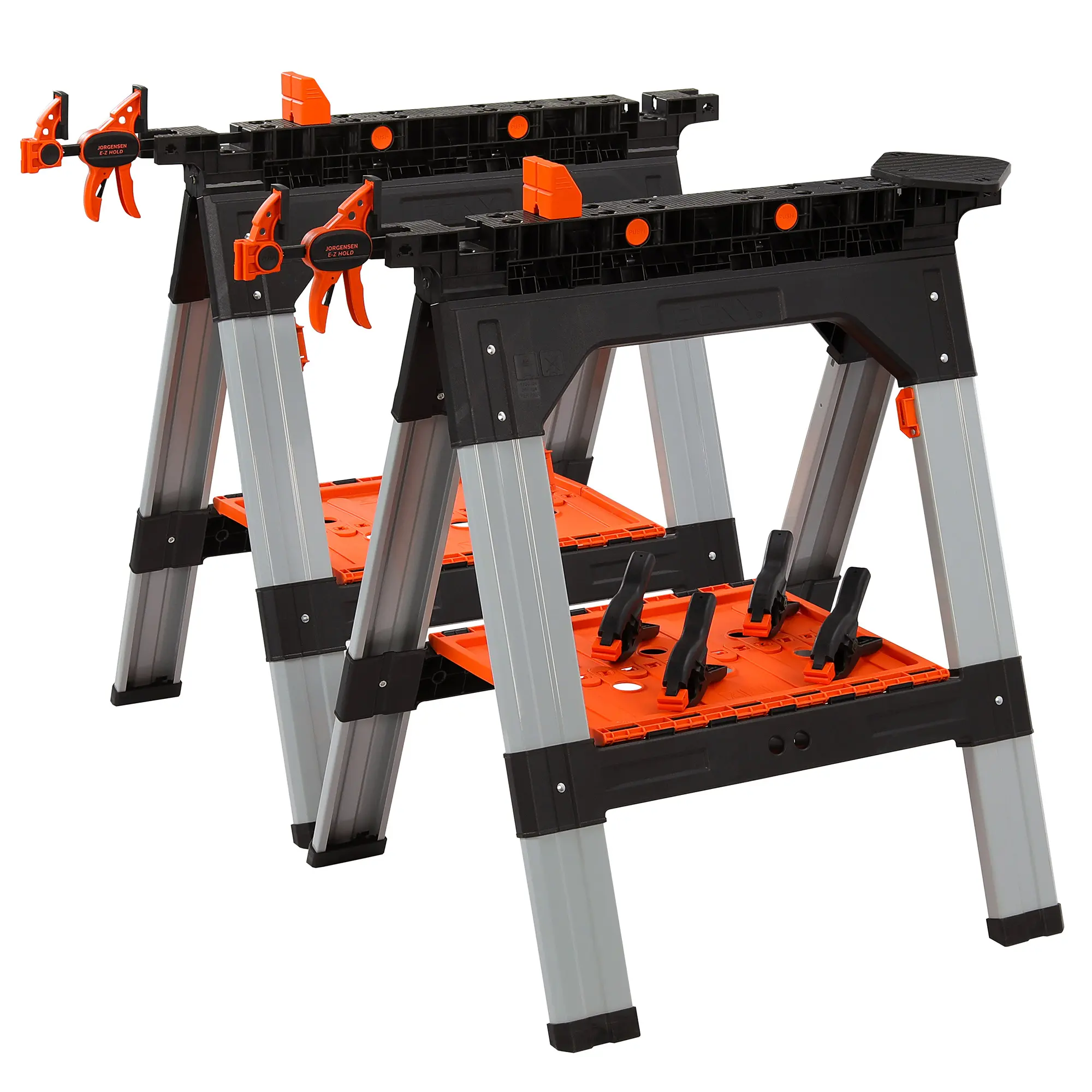 #fathersdaygift PONY 2-Pack Clamping Sawhorses, 1200 LBS Load Capacity, 30-3/4" Folding Sawhorse with 12” F Clamps, Bench Dogs, Angle Clamps, 2" Spring Clamps, Steel Legs, Heavy Duty for Woodworking