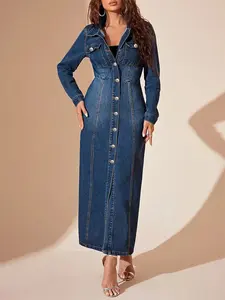 Women's Vintage Single-Breasted Waist-Cinching Denim Dress, Long-Sleeved Lapel Slim-Fit Denim Coat-Style Maxi Skirt, Versatile Casual Dress For Spring, Autumn And Winter Suitable For Various Occasions