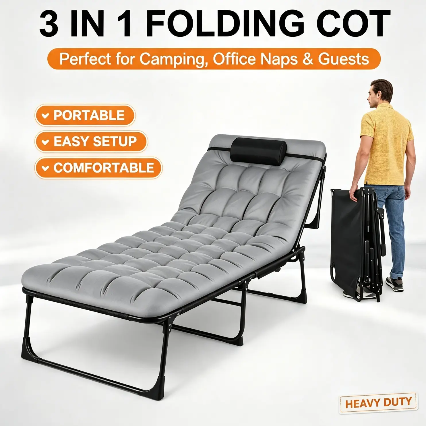 Multi Purpose Foldable Camping Cot - 74''x26'' Ergonomic 2-Sided Heavy-Duty Tri-Fold Camping Furniture, 3 Positions, 440lb Capacity, 26.7'' Folded Pack with Carry Bag, Portable Guest Bed for Outdoor-Indoor Use