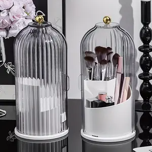 Toothbrush Holders with Sliding Lid Rotating 3 Slots Bathroom Organizer Countertop Grey ABS Material Anti-slip Drainage Vanity Makeup Brushes Organizer Pad Accessory Modern
