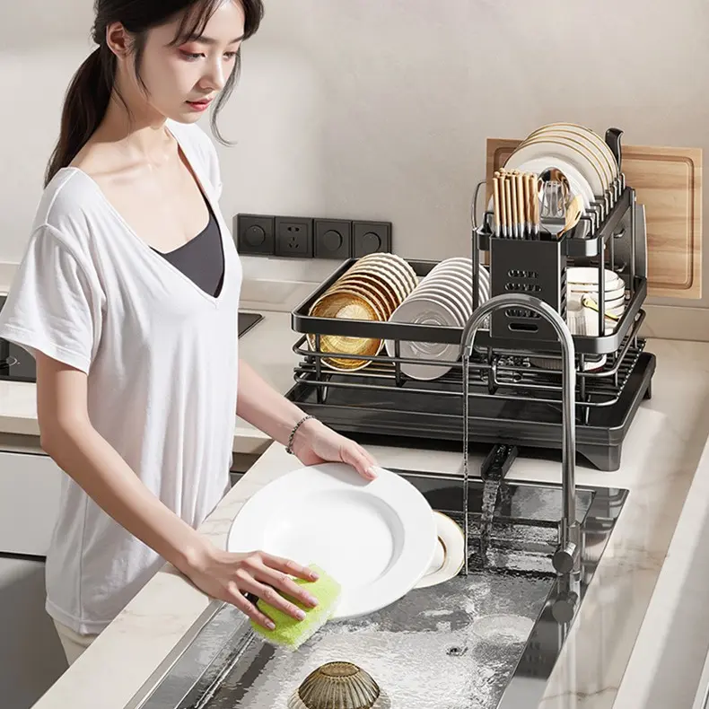 Bepatio Double-Layer Carbon Steel Kitchen Countertop Drain Rack with Drain Board, Organizer Storage for Tableware