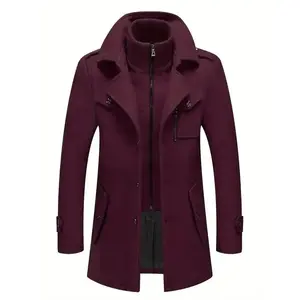 Men's Stand Collar Wool Blend Pea Coats With Removable Inner Collar Single Breasted Overcoat,Suitable for Autumn and Winter Seasons