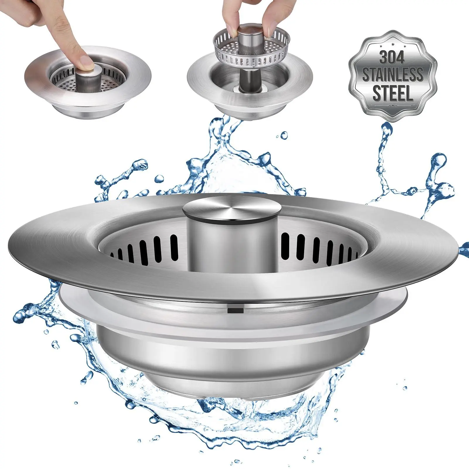 3-in-1 304 Stainless Steel Kitchen Sink Strainer, Durable Drain Protector, Deodorizing Anti-Clog Plug Basket for US Standard 3-1/2 in Drains, Anti-Rust Drain Stoppers