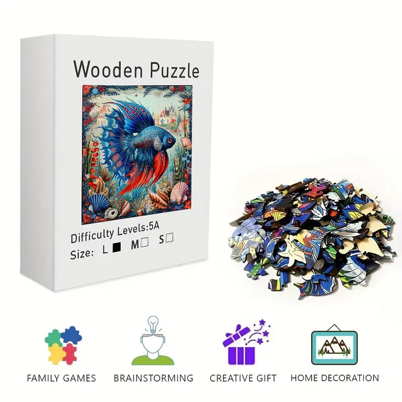 Wooden Jigsaw Puzzle for Adults & Kids - Unique Irregular Shape Betta Fish Ocean Fantasy Puzzle, Challenging Brain Teaser, Artistic Home Decor Wall Art & Desk Ornament, Perfect for Stress Relief & Time Killing