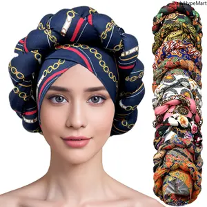 Ethnic Printed Cross Hat - Sheep Bone Braid Headwrap with Chunky Braid, Daily Fashion Hair Accessory for Women