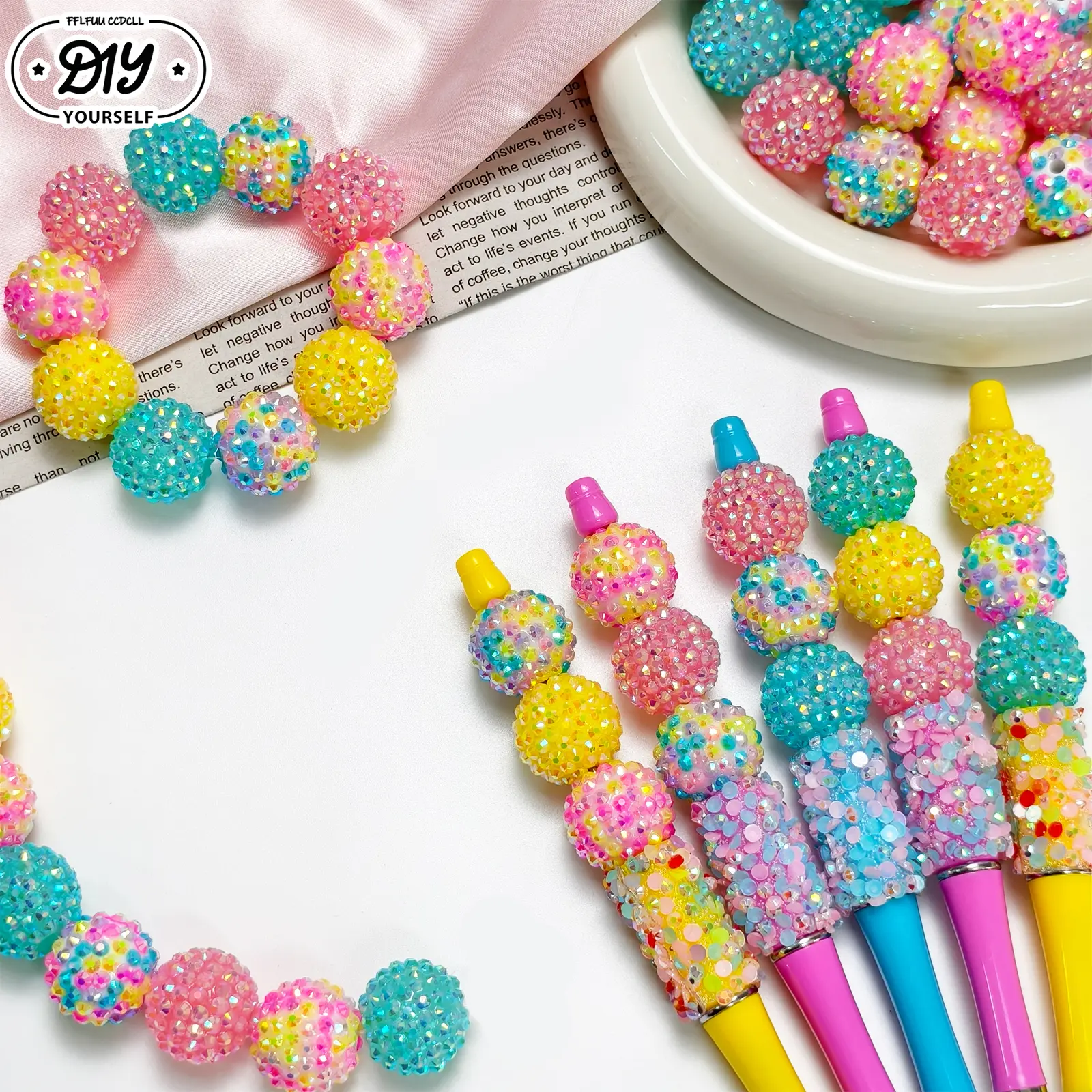 30Pcs Macaron Mixed Color Full Rhinestone Resin Bubble Round Beads, Iridescent Shiny Rhinestone Covered Loose Ball Beads, Sparkly 3D Craft Bead Supplies for DIY Decor Pens Bracelets Charms Making