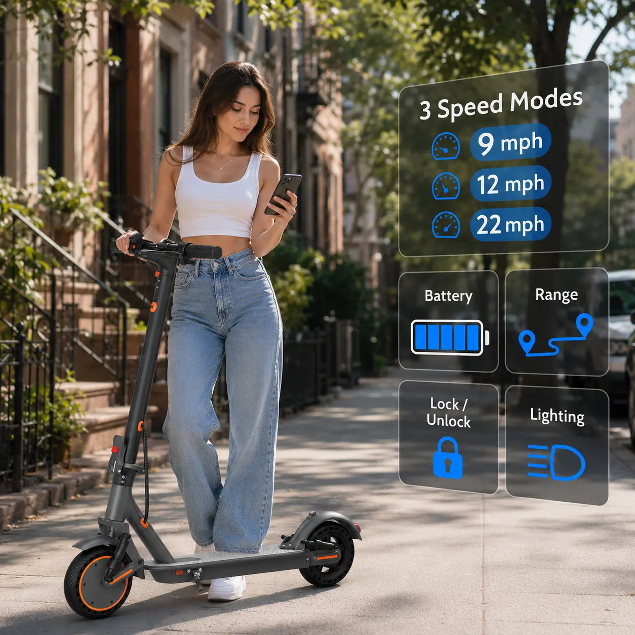SummerWins Adult Foldable E-Scooter | 500W Motor, 22MPH Top Speed, 19-31 Mile Range, Dual Suspension, Smart APP & Night Light Compact Scooter