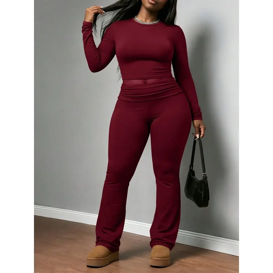 Plus Size Two Piece Outfit, Burgundy Long Sleeve Top and Flare Pants Matching Set for Casual Going Out Looks