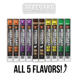 Beefcake Stick Sampler Bundle with Original Teriyaki Jalapeno Cheese Honey Sticks & Bull Head Decal