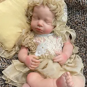 Reborn Baby Doll 18" Soft Full Body Silicone Sleeping Baby Girl Lifelike Newborn Doll with Certificate & Outfit in Elegant Beige Dress