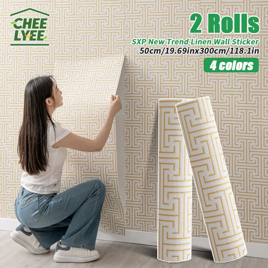 Chee Lyee Pre-Pasted Self-Adhesive Linen Foam Wallpaper Stickers (2 Rolls) - 2mm Thick, Flat, Easy to Apply & Remove, 50x300cm Modern Universal Home Decor for Living Room, Bathroom, Kitchen Indoor Walls