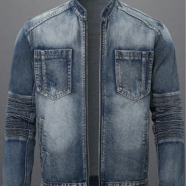 Men's Plain Casual Long Sleeve Zippered Simple Pocket Denim Coat, Menswear Outerwear, Coats, All Season, Pocketed, Pull-On