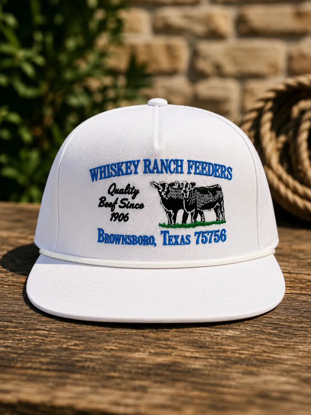 Whiskey Ranch Feeders Vintage Ranch Rope Hat, Embroidered Western Cattle Logo Snapback Cap, Structured High Crown Flat Bill Country Cowboy Hat