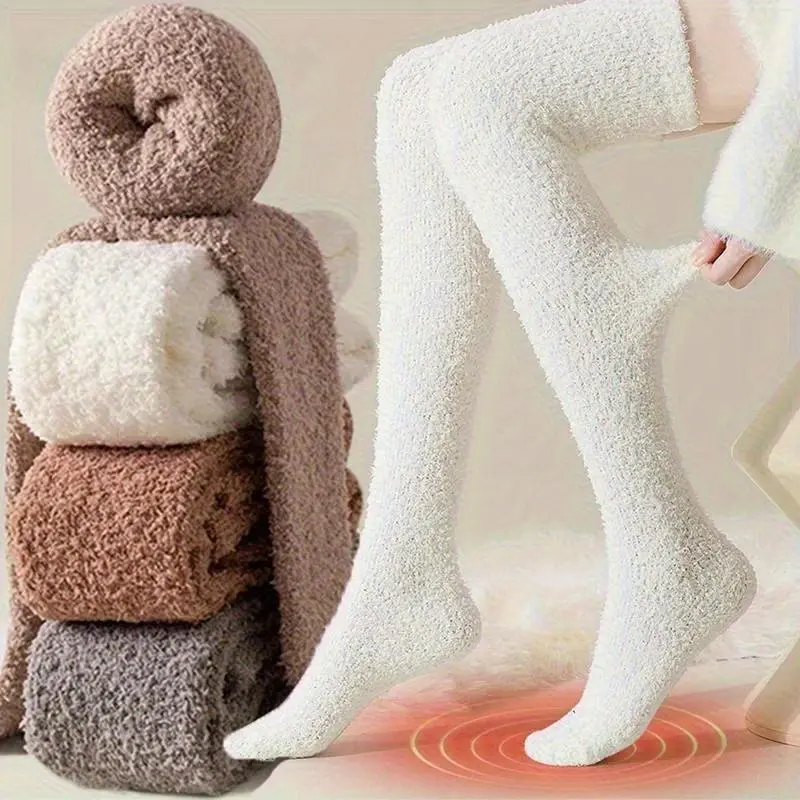 Women's Soft Plush Thigh-High Socks, 2-Pair Pack Solid White Thermal Stockings, Cozy Warmth Lady's Loungewear for Winter Bed Use, Thigh Highs, Basic, Two Pairs