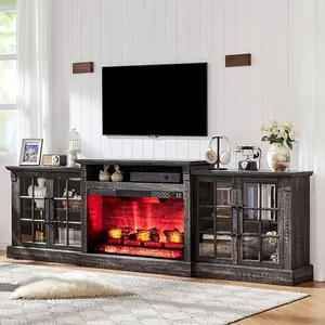 AMERLIFE 97" Farmhouse Fireplace TV Stand, Entertainment Center with Large Storage Space and Adjustable Shelf, Media Console for Living Room