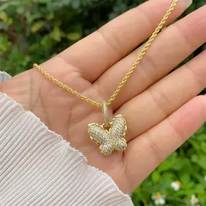 Puffy CZ Gold Butterfly Pendant Necklace