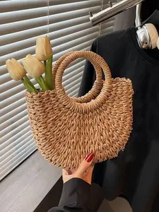 Simple holiday style beige hand-woven semi-circular straw bag, Crescent bag, retro ring handbag, Handheld bag purse, niche design beach travel all-match handbag, compact and versatile, suitable for daily travel, vacation travel, etc., Handwoven Straw Bag