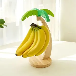Wooden Hanging Banana Rack, Simulated Leaf Design Vertical Fruit Storage with Hook, Kitchen Decor