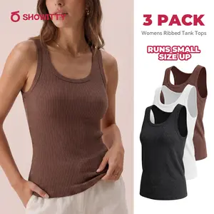 SHOWITTY Womens Ribbed Tank Tops 3 Pack – Crew Neck Sleeveless Basic Shirts, Soft Stretch Polyester Cami Tops for Layering and Everyday Wear #Summervibes