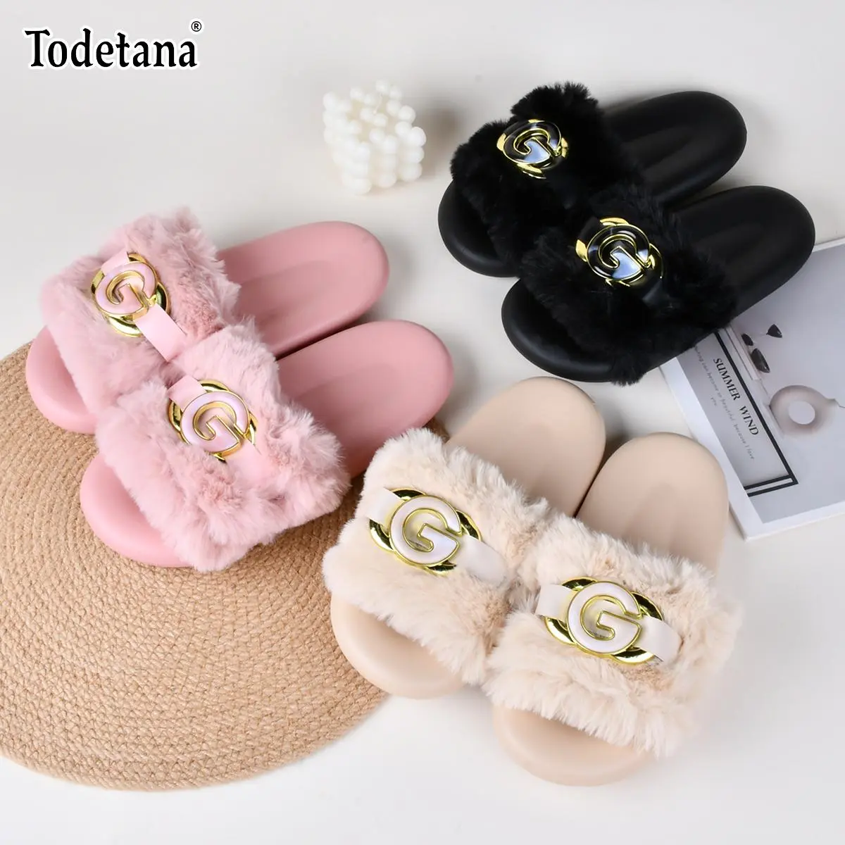 Women’s Solid Color Faux Fur Elegant Slippers, Soft Plush Home Slippers, Ladies Casual Breathable Slides, Cozy Indoor Home Slippers, Girl’s Comfort Walking Shoes, Trending Shoes, Unique Christmas for Women