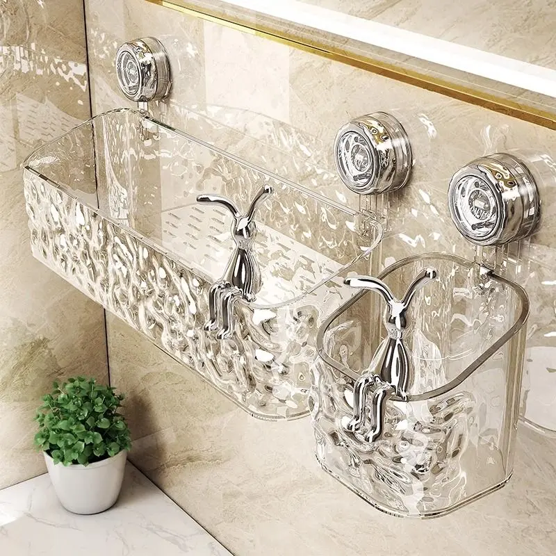 Punch-Free Suction Cup Bathroom Shelf with Storage Box, Wall-Mounted Bathroom Organizing Accessories for Sink Area
