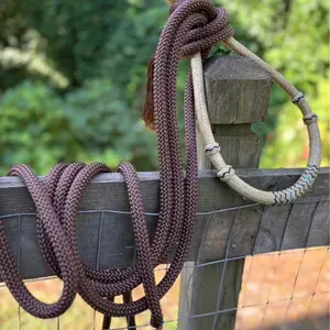 Natural and Teal Rawhide Bosal with Brown Nylon Mecate Rein Set Bitless Hackamore