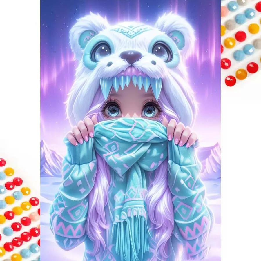 5D DIY Full Drill Round Diamond Painting - Diamond Painting Kit Ice Snow Bear Hat Mosaic Canvas DIY Wall Art, Home Wall Decoration