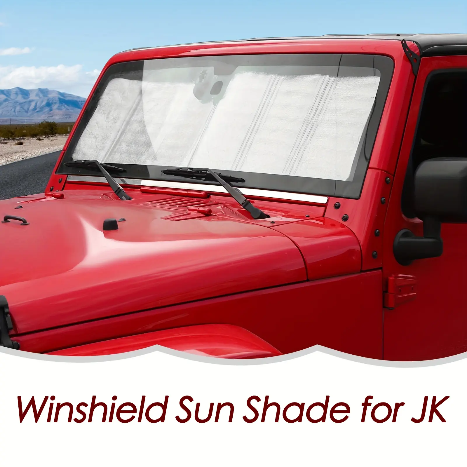 Car Windshield Sun Shade for Jeep Wrangler (Rubicon, Sahara, TJ, JK, JKU 2 & 4 Door) - Reflects Direct Sunlight, Reduces Interior Heat, UV Blocking, Prevents Fading, Pull Down, Tool-Free Easy Installation, Keeps Interior Cool