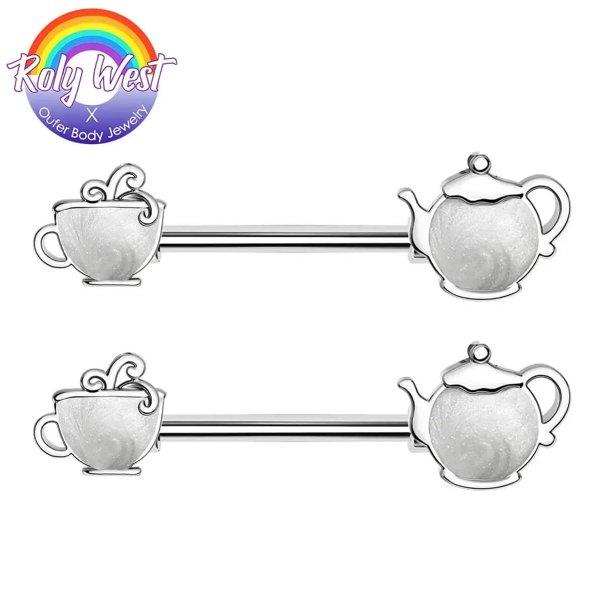 OUFER Women's 2PCS Dainty Enamel Teapot Nipple Rings with Handles, Milky Hue, Miniature Cute Realistic Tea Set Motif, Detailed Craft, Body Piercing Jewelry, Female