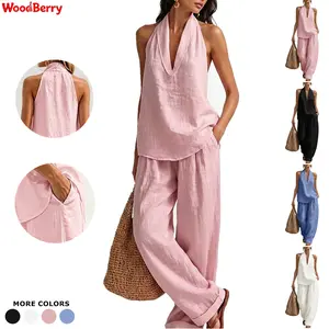 WoodBerry Women's Linen 2 Piece Sets Summer Sleeveless Halter V Neck Tank Top Wide Leg Pants Lightweight Two Piece Matching Lounge Outfits with Pockets