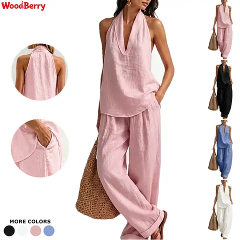 WoodBerry Women's 2-Piece Chic Korean Cotton Minimalist Fitted Set - Summer Sleeveless Halter V-Neck Tank Top, Wide-Leg Pockets Pants, Lightweight Everyday Wear Lounge Outfits
