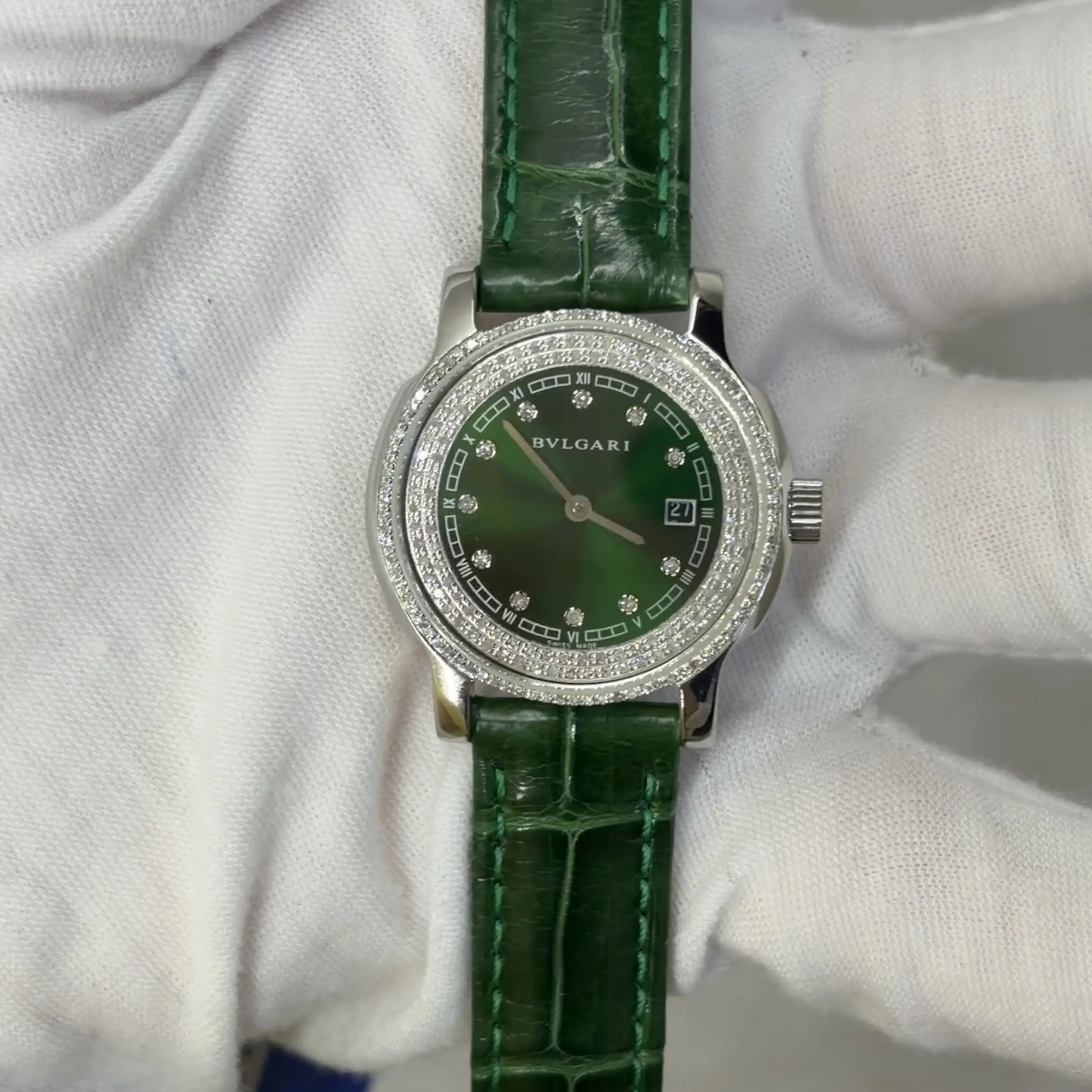 Bvlgari 29mm Stainless Steel Quartz Watch, Custom Green Dial & Custom Diamond Bezel, Leather Strap WHT023801
