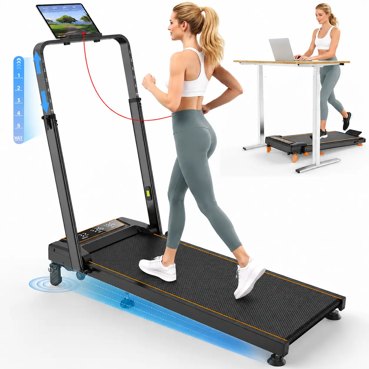 Trisomy 4-in-1 Foldable Under Desk Walking Pad, Compact Treadmill with 12% Incline, Adjustable Handlebar, Quiet 3.5HP Motor, 350lbs Heavy Duty Capacity for Home Gym & Office Fitness Exercise Equipment