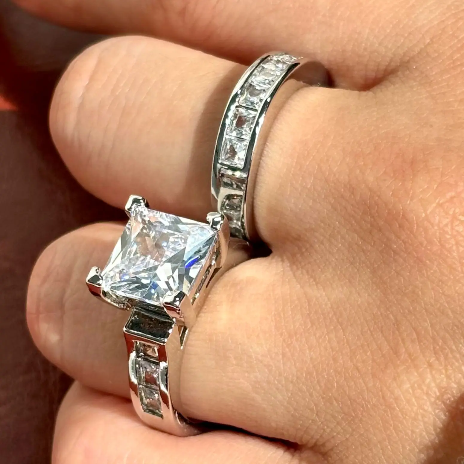 JJ CHIC Two-Piece Square Ring Set for Women, Princess Cut Deluxe CZ Ring - Ideal for Engagement and Wedding, Personal Statement Jewelry or Gift Cubic Zirconia