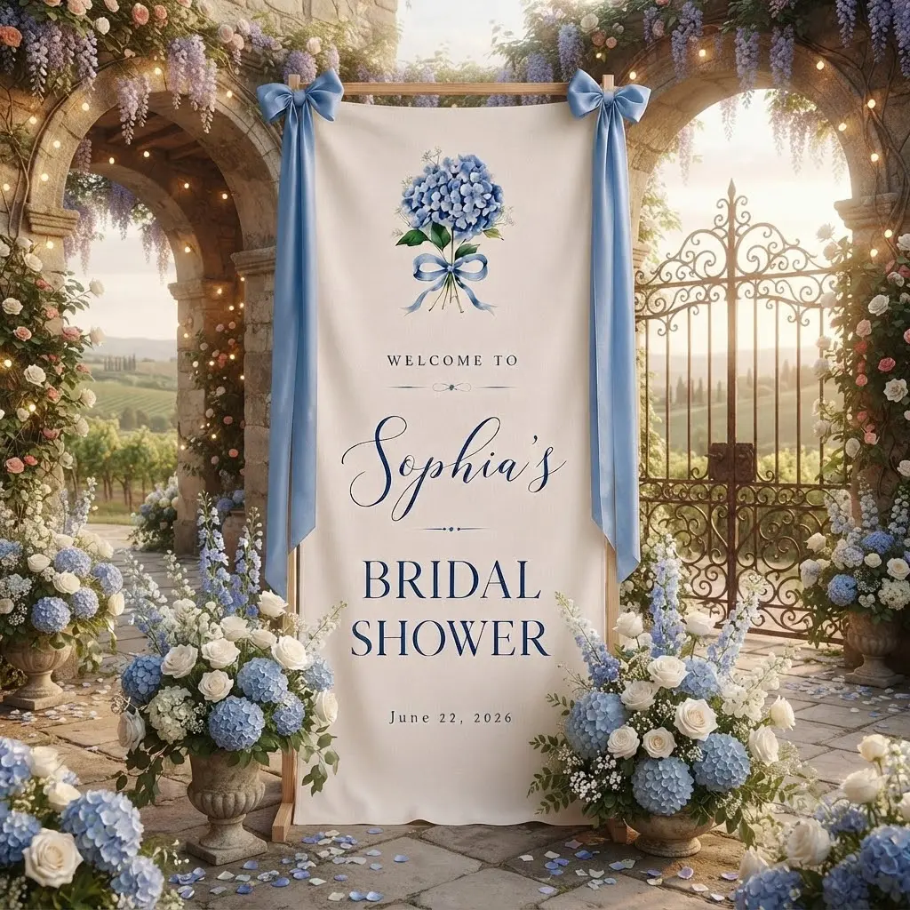 Personalized Bridal Shower Banner, Bridal Shower Welcome Sign, Blue Hydrangea Welcome Banner, Personalized Bride To Be Backdrop