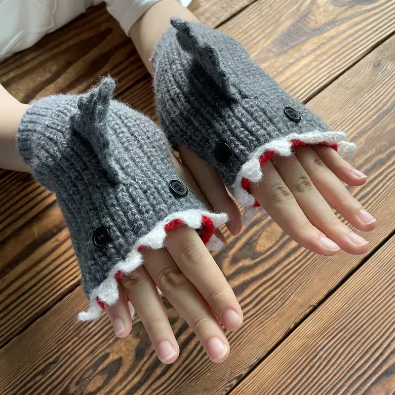 Handmade Shark Gloves, Christmas Halloween Gift, Funny Cartoon Knitted Winter Half-Finger Gloves, Cute Unisex Valentine's Day Present, Men, Hand Cover