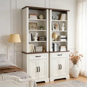 72" Wood Bookshelf with 2 File Drawers, Adjustable 4 Shelves for Home Office or Living Room Storage , White