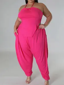 Gypsy Girl Set - Hot Pink Stretch Top & High Waisted Pants - Asymmetrical Hemline & Self Tie Closure - Plus Size Fashion