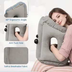 Nap Pillow - Comfortable Neck Support For Aviation, Train, Car And Office Use, Portable and Inflatable, Easy Nap Air Cushion, Soft Microfiber Cover, Gray