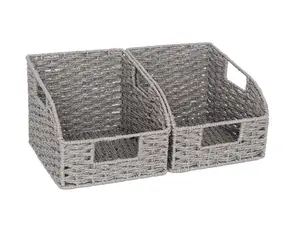 Wicker Baskets for Organizing – 2 Pack Round Paper Rope Storage Bins, Gray Pantry & Kitchen Counter Organizer Baskets