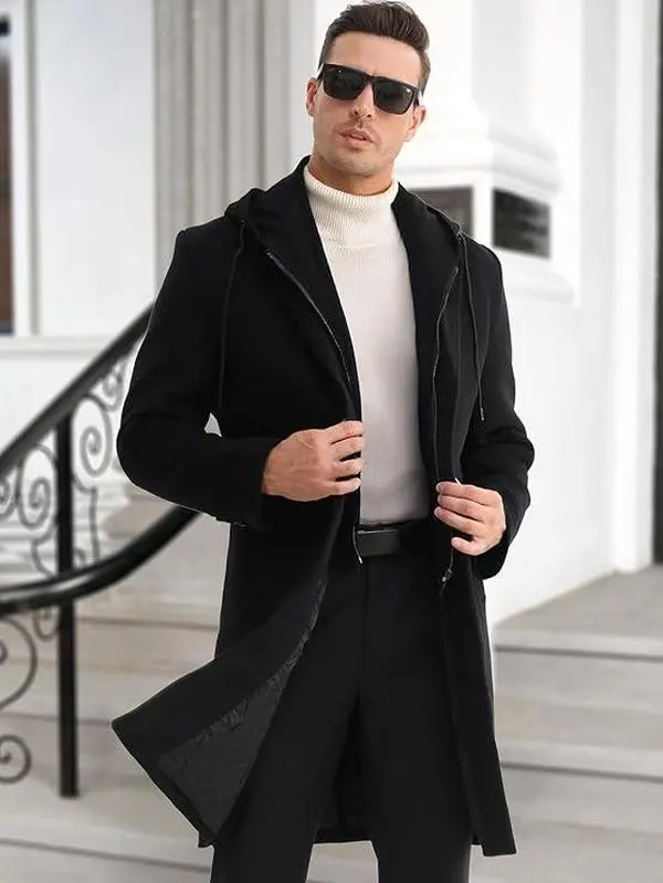 APTRO Men's Premium Wool Trench Coat, Plain Long Sleeve Winter Hooded Jacket for Business Casual Wear, Beige, Longsleeves