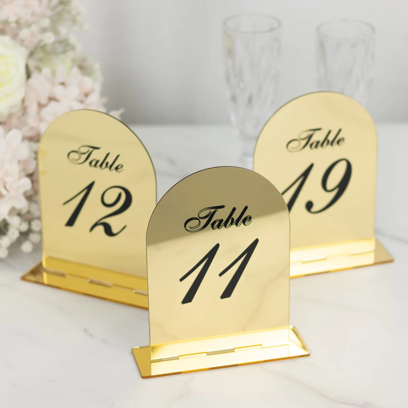 Wedding Table Numbers 11-20 - Gold Reflective Mirror Arch Acrylic Signs with Black Print & Stands, 6"x7" Home Decor for Elegant Receptions, Anniversary & Birthday Events