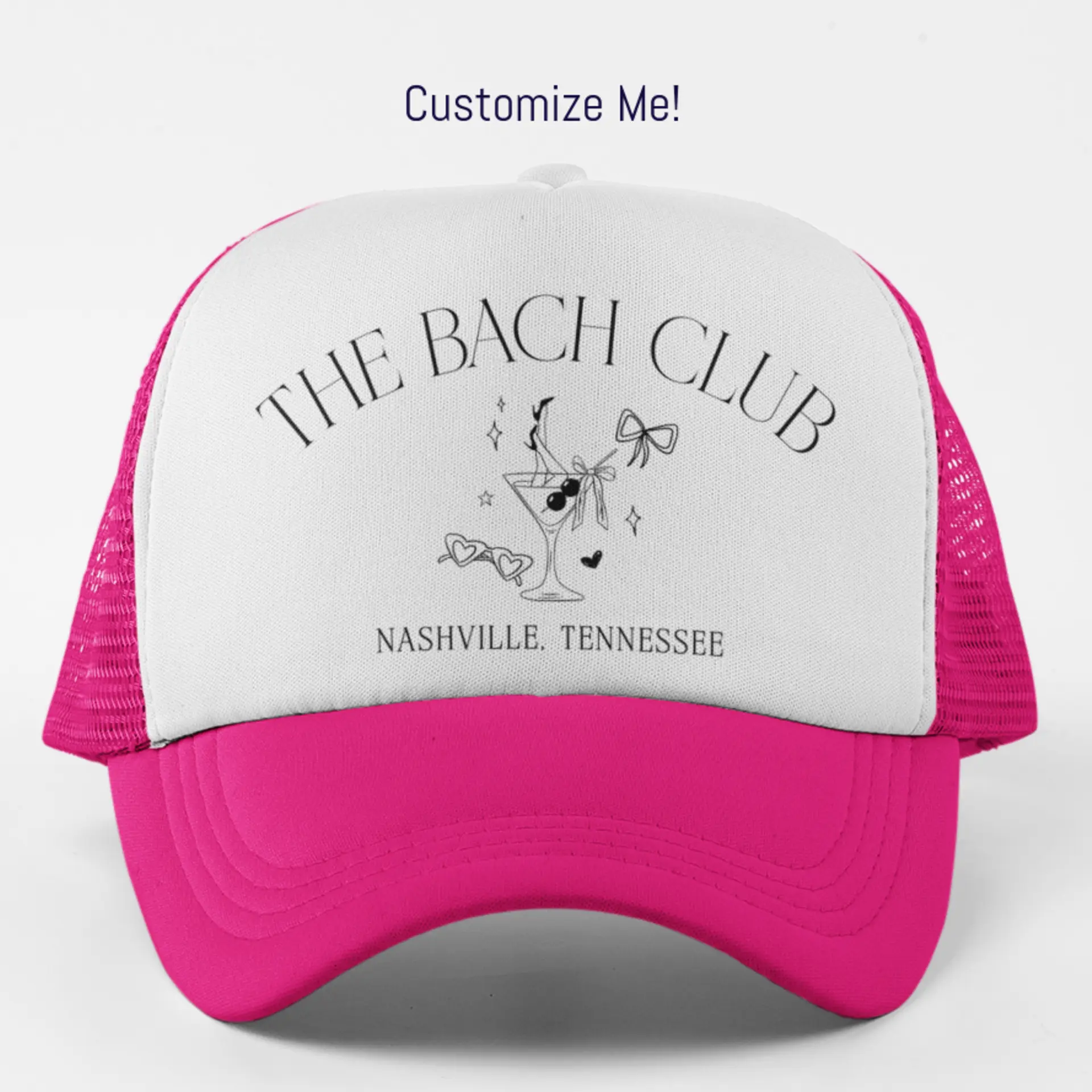 Custom Bachelorette Party Trucker Hat – Personalized Martini Bach Club Theme Party | Bachelorette Party Hats, Bday Hats, Shell Theme Pool Beach Party Accessories, Matching Group Hats