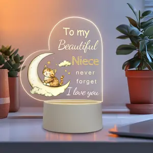 Cute Cat Moon Night Light with 'to My Niece' Message, Acrylic Heart Lamp, Thanksgiving Gift, Bedside Table Lamp, Room Decoration
