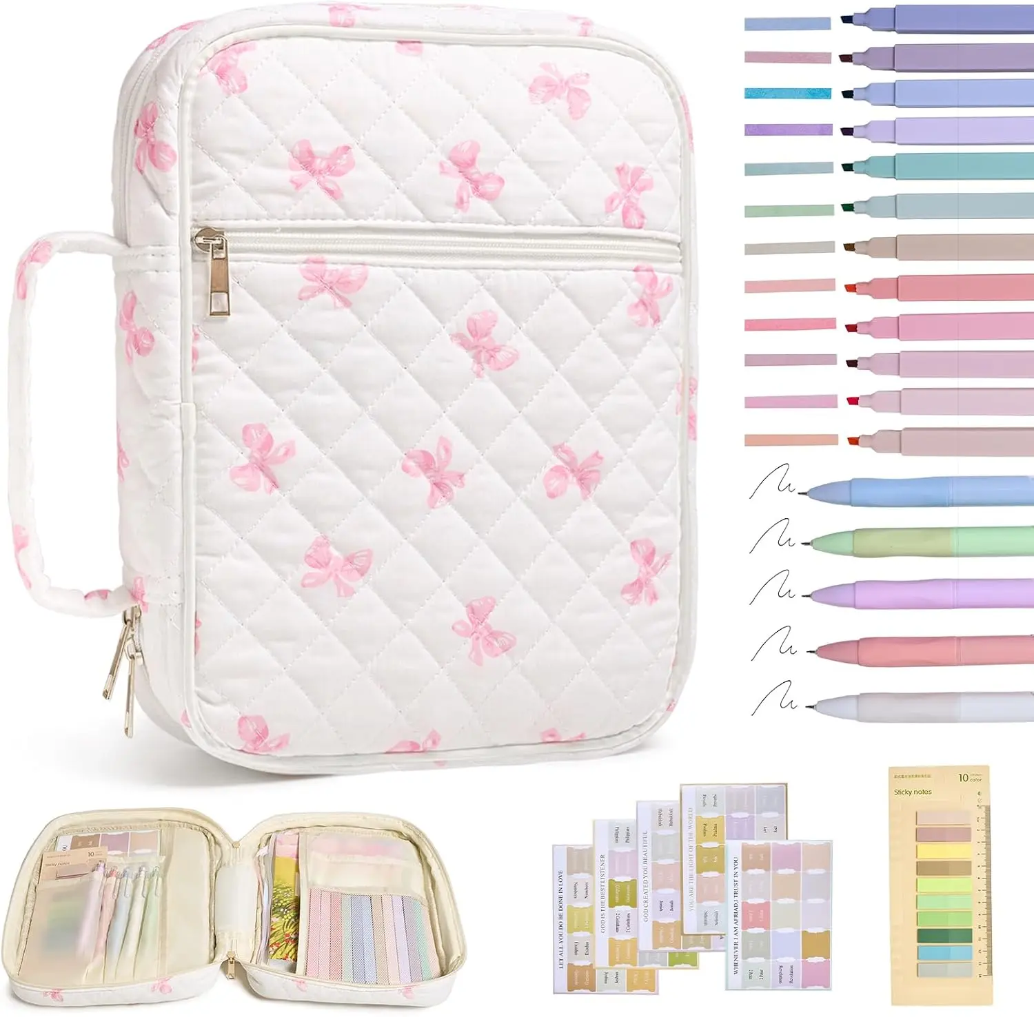 Women's Large Quilted Bible Cover Case with Durable Handle, Home Organizer Storage Bag for Bible Study Stationery Accessories