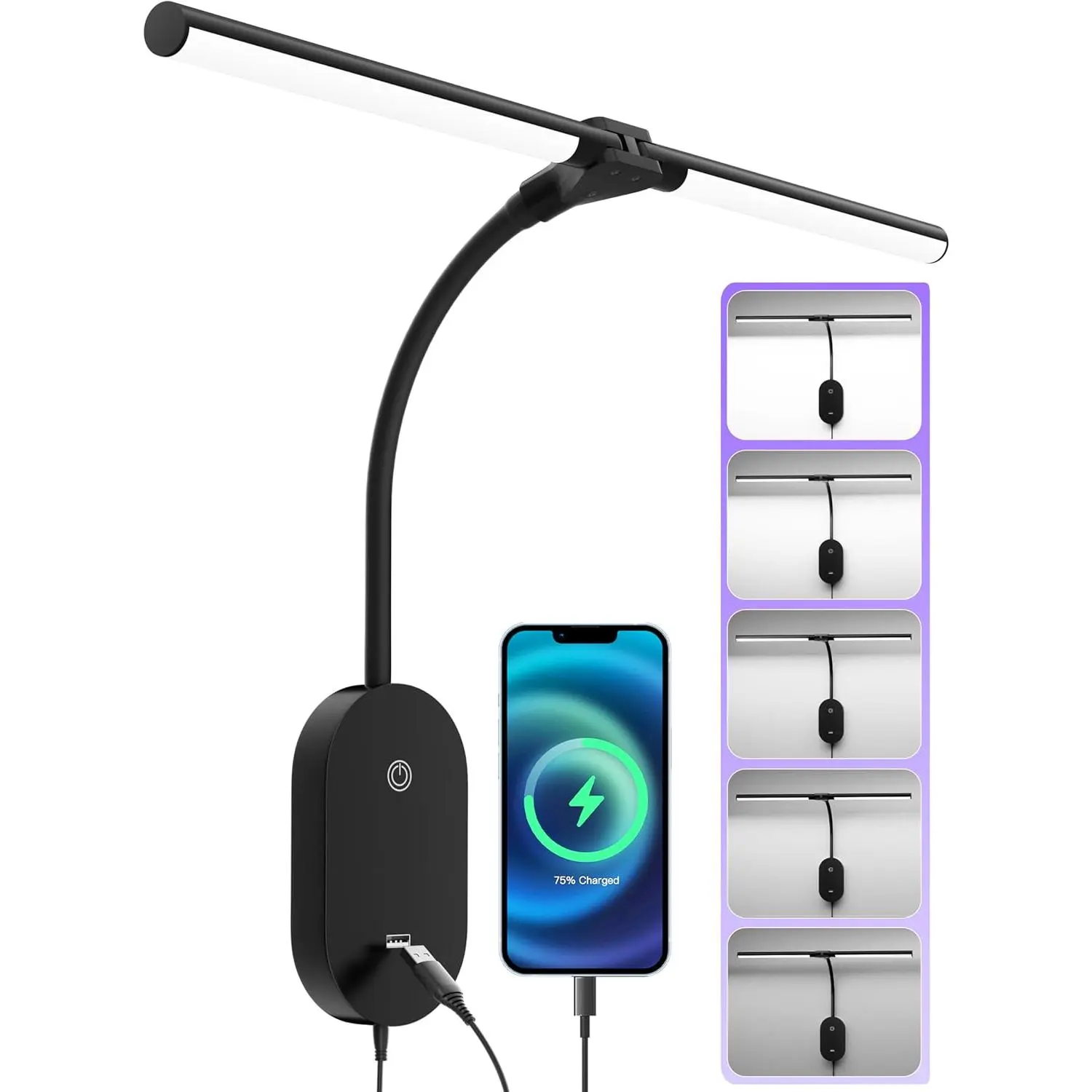 LED Wall Mounted Reading Light for Bed, 2 Heads Ultra Long Book Lights with USB Output, Wall Reading Lamps with Bright 5 Dimmable Touch Control,4 Hour Auto Off in 360°Gooseneck Headboard Bed Light