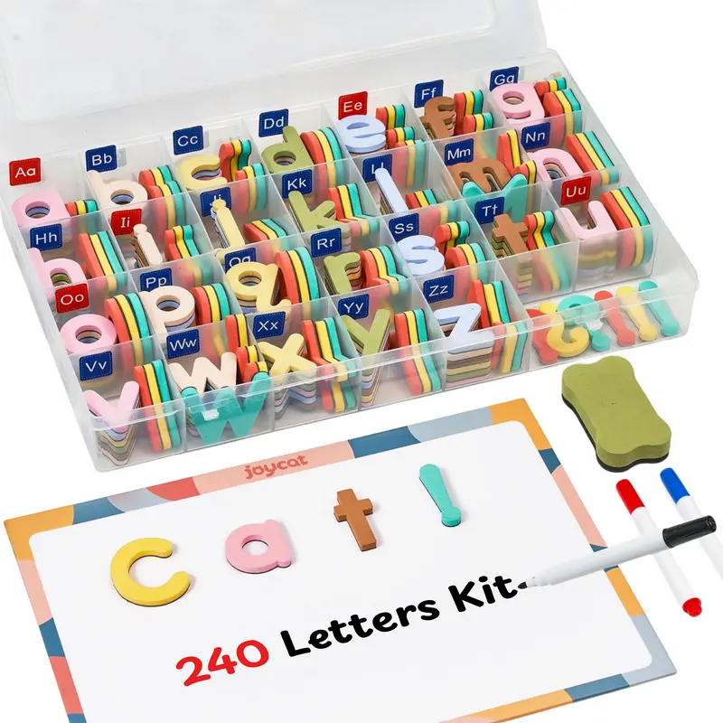 Joycat 240-Piece Macaron-Tone Unisex English Magnetic Letters Learning Set (1.2 in, Washable) with 6 Punctuation Marks & Double-Sided Magnetic EVA Foam Board - Preschool Learning Tool for 24 Months+ Home Use Gift