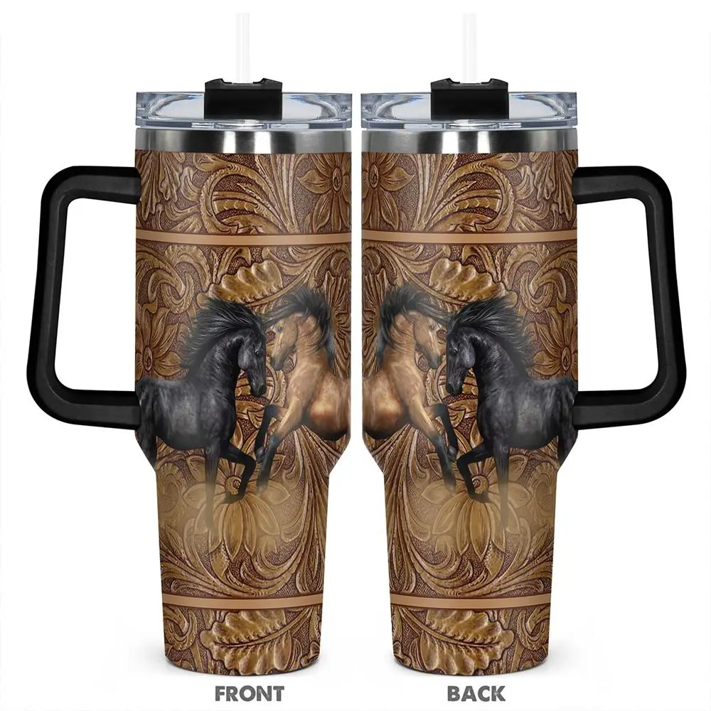 40oz Horse Printed Stainless Steel Thermal Tumbler Flask - Single Unit, Animals Watercolour Stripes Drinkware, Temperature Lock, Reusable, Portable, Insulated, Durable, Lid, Straw, Tapered Base, Western Style Perfect Gift for Horse Lovers, Double Wall